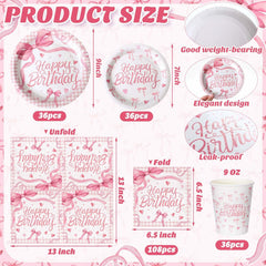 Coquette Pink Bow Birthday Party Supplies 216 Pcs Plates Napkins Set