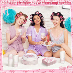 Coquette Pink Bow Birthday Party Supplies 216 Pcs Plates Napkins Set