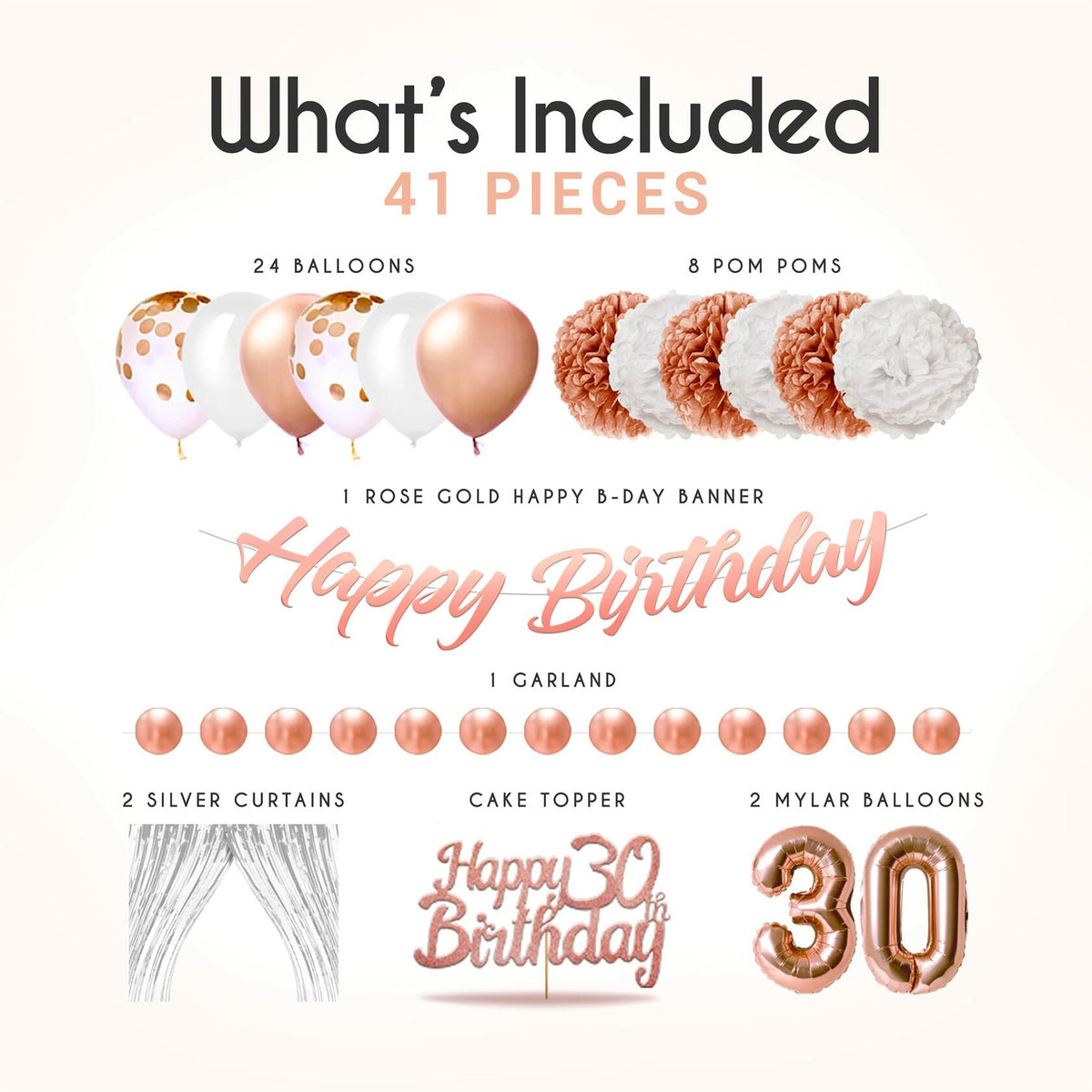 EpiqueOne 41-Piece Rose Gold 30th Birthday Party Decorations for Women