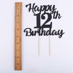 LVEUD 12th Birthday Cake Topper Black Glitter 12th Party Decoration