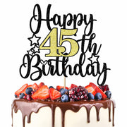 Happy 45th Birthday Cake Topper Black Gold Glitter Cheers to 45 Years