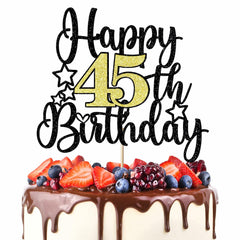 Happy 45th Birthday Cake Topper Black Gold Glitter Cheers to 45 Years
