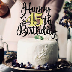 Happy 45th Birthday Cake Topper Black Gold Glitter Cheers to 45 Years