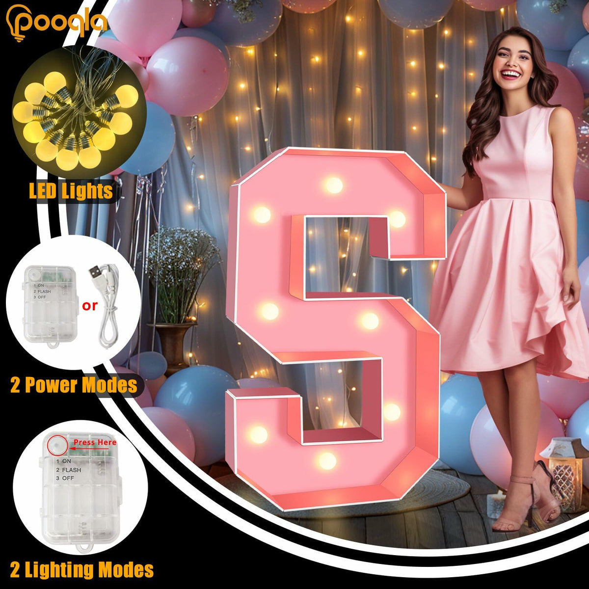 Pooqla 3FT LED Marquee Letter S Pink Party Birthday Wedding Decor