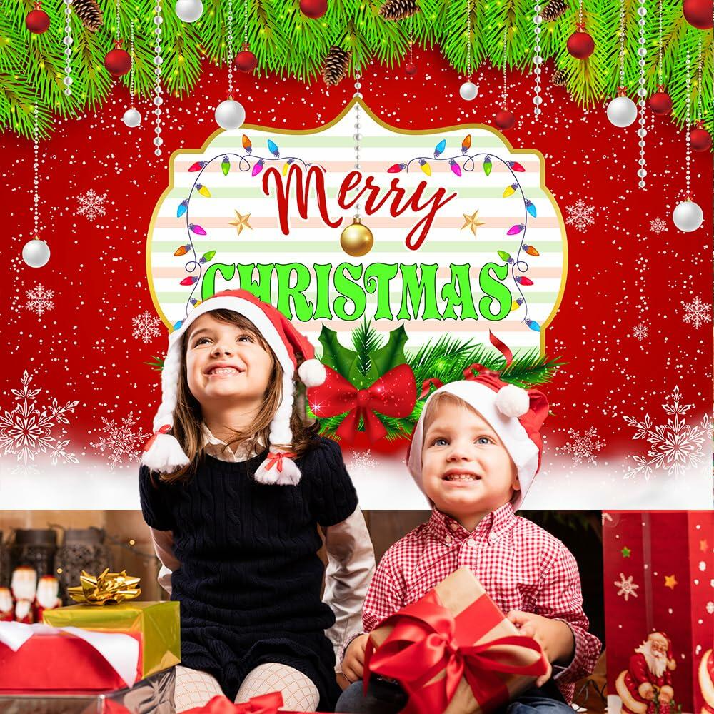 Merry Christmas Backdrop Red Green Balls Leaves Party Decoration 7x5Ft