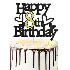 Sumerk 8th Birthday Cake Topper Black Gold Glitter Party Decoration