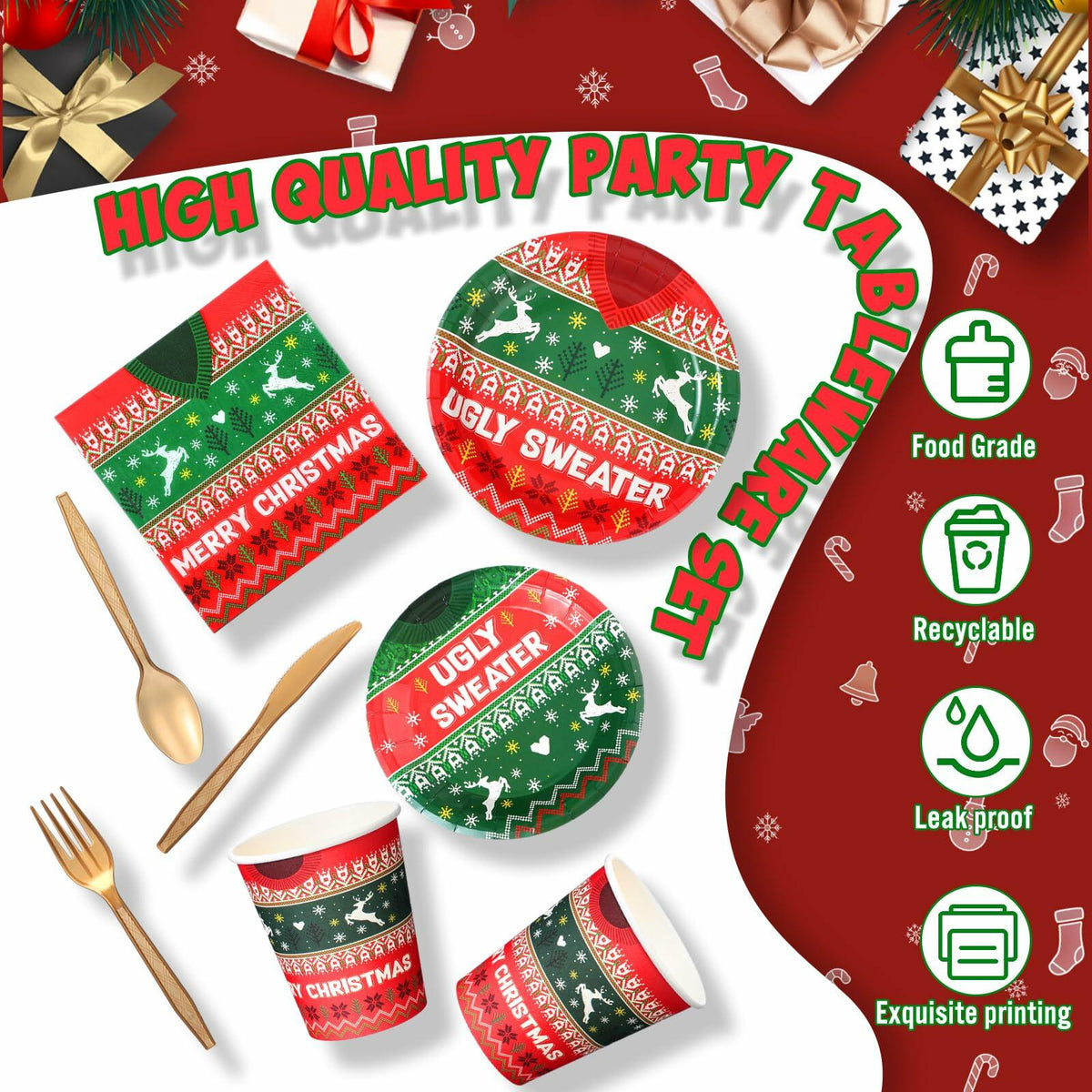 Yaomiao 180 Pcs Xmas Ugly Sweater Party Supplies Set Vintage Plates Cups Napkins