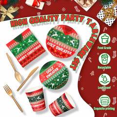 Yaomiao 180 Pcs Xmas Ugly Sweater Party Supplies Set Vintage Plates Cups Napkins