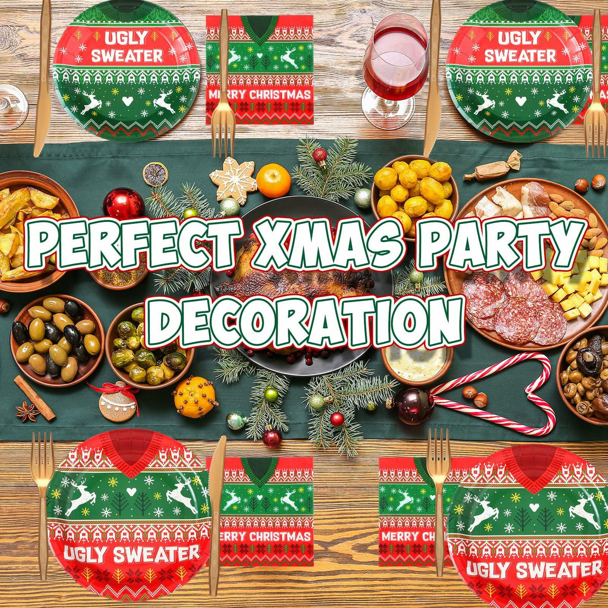 Yaomiao 180 Pcs Xmas Ugly Sweater Party Supplies Set Vintage Plates Cups Napkins