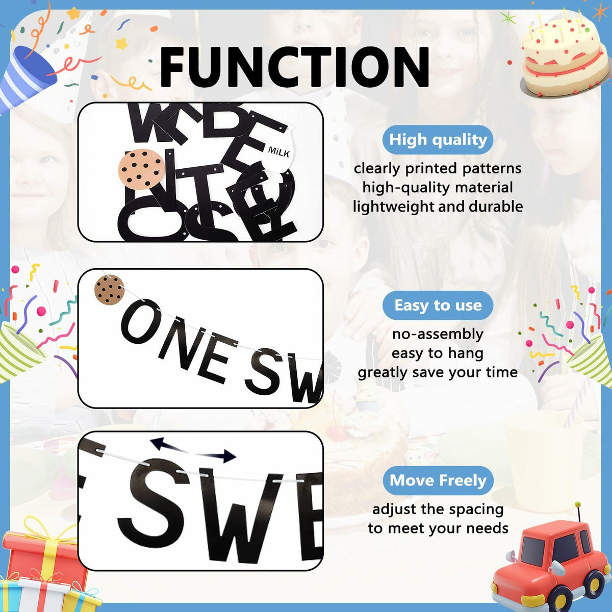 Lotoo One Sweet Boy Birthday Banner Milk Cookies Cardstock Partydcr01-1