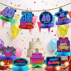 COOSOAR Happy 40th Birthday Neon Glow Honeycomb Centerpieces with Lights