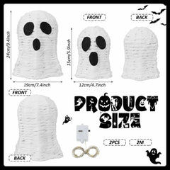 Soulchen Halloween Rattan Ghosts Decor 9.4" & 5.9" Light Up White 2 Pcs