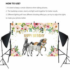 JICONEE Horse Birthday Party Backdrop Western Bohemian Wildflower 7x5ft