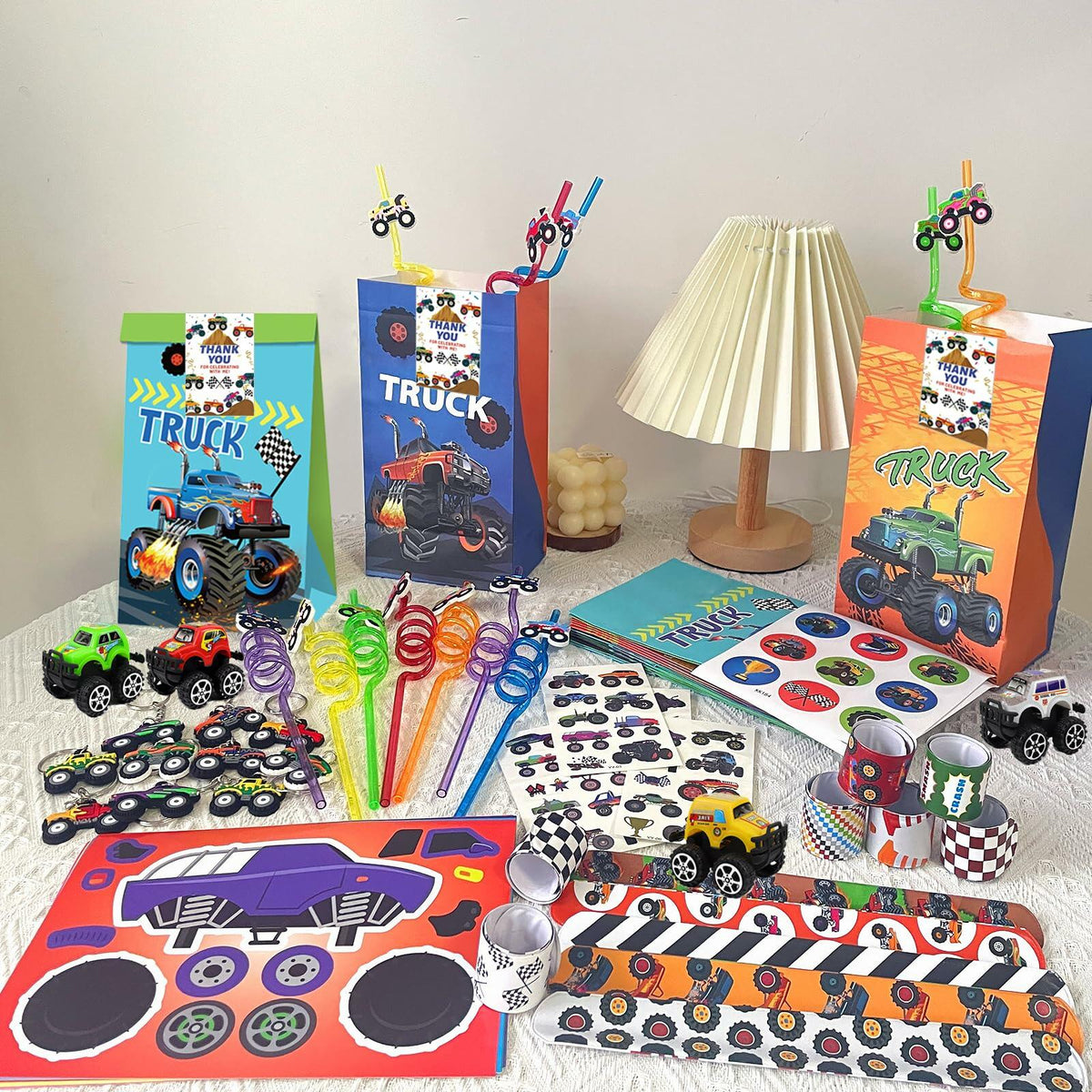 XIPEGPA Truck Party Favors Set - Keychains Slap Bracelets Stickers Straws