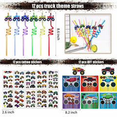 XIPEGPA Truck Party Favors Set - Keychains Slap Bracelets Stickers Straws