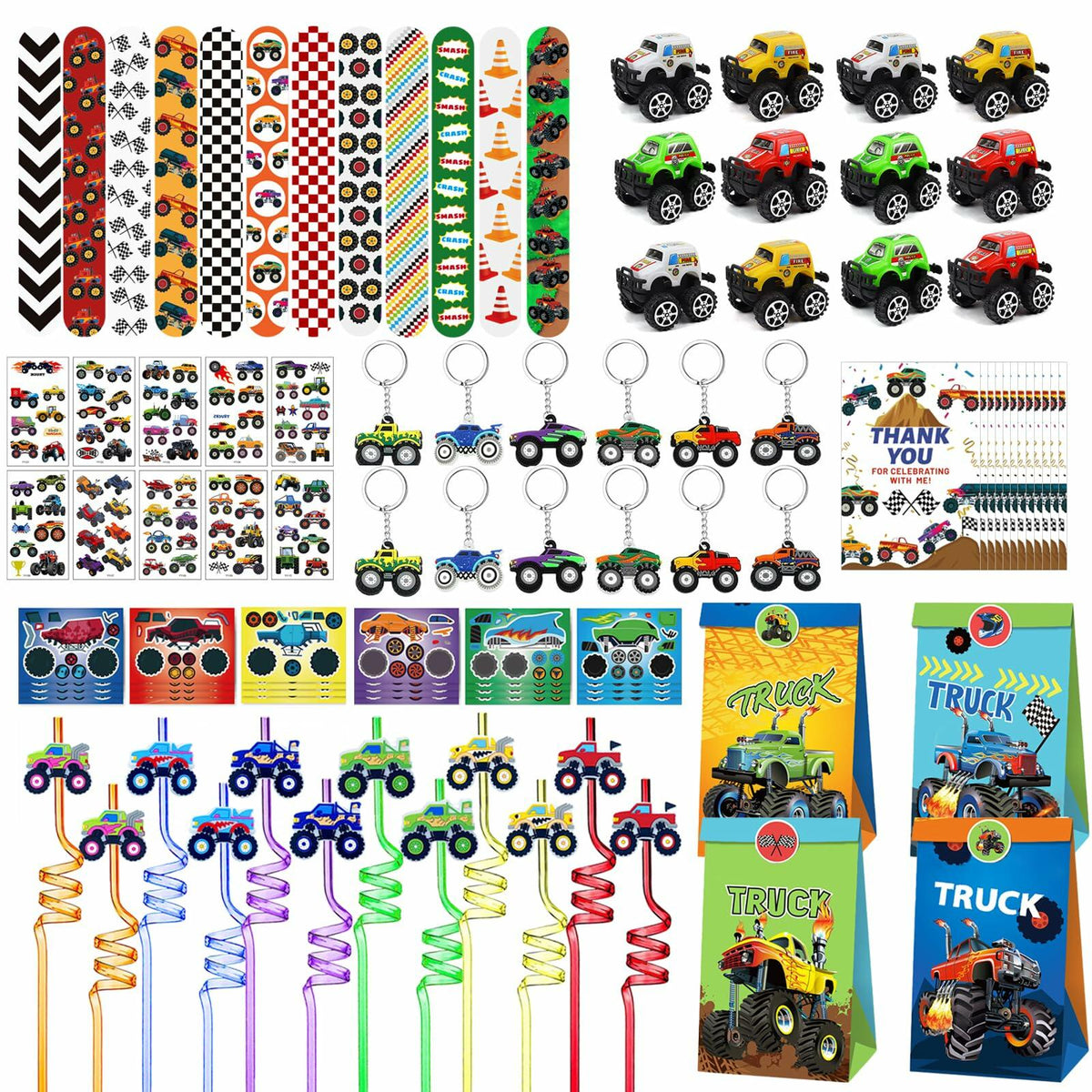 XIPEGPA Truck Party Favors Set - Keychains Slap Bracelets Stickers Straws