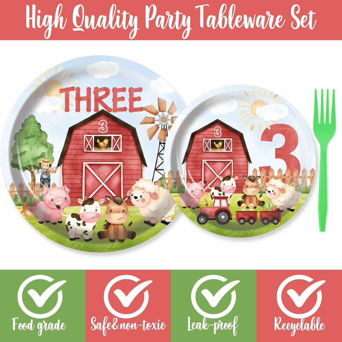 HEETON Farm Boy Three Party Plate 9in Red Green Animal Print Birthday