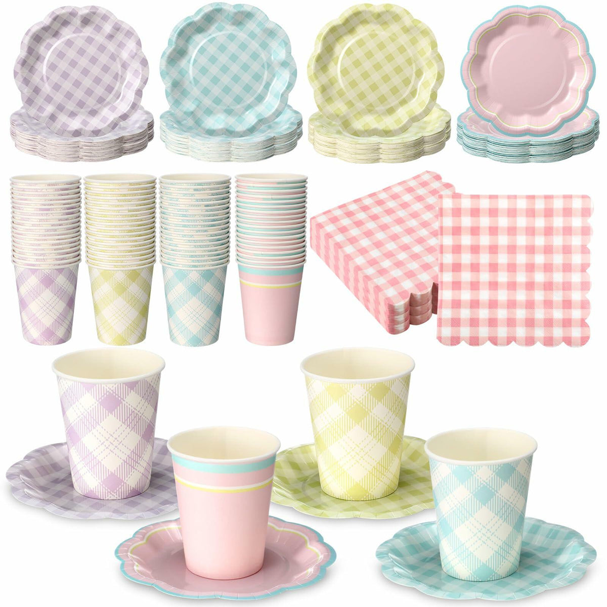 216 Pc Gingham Party Supplies Set Plates Cups Napkins Classic Color