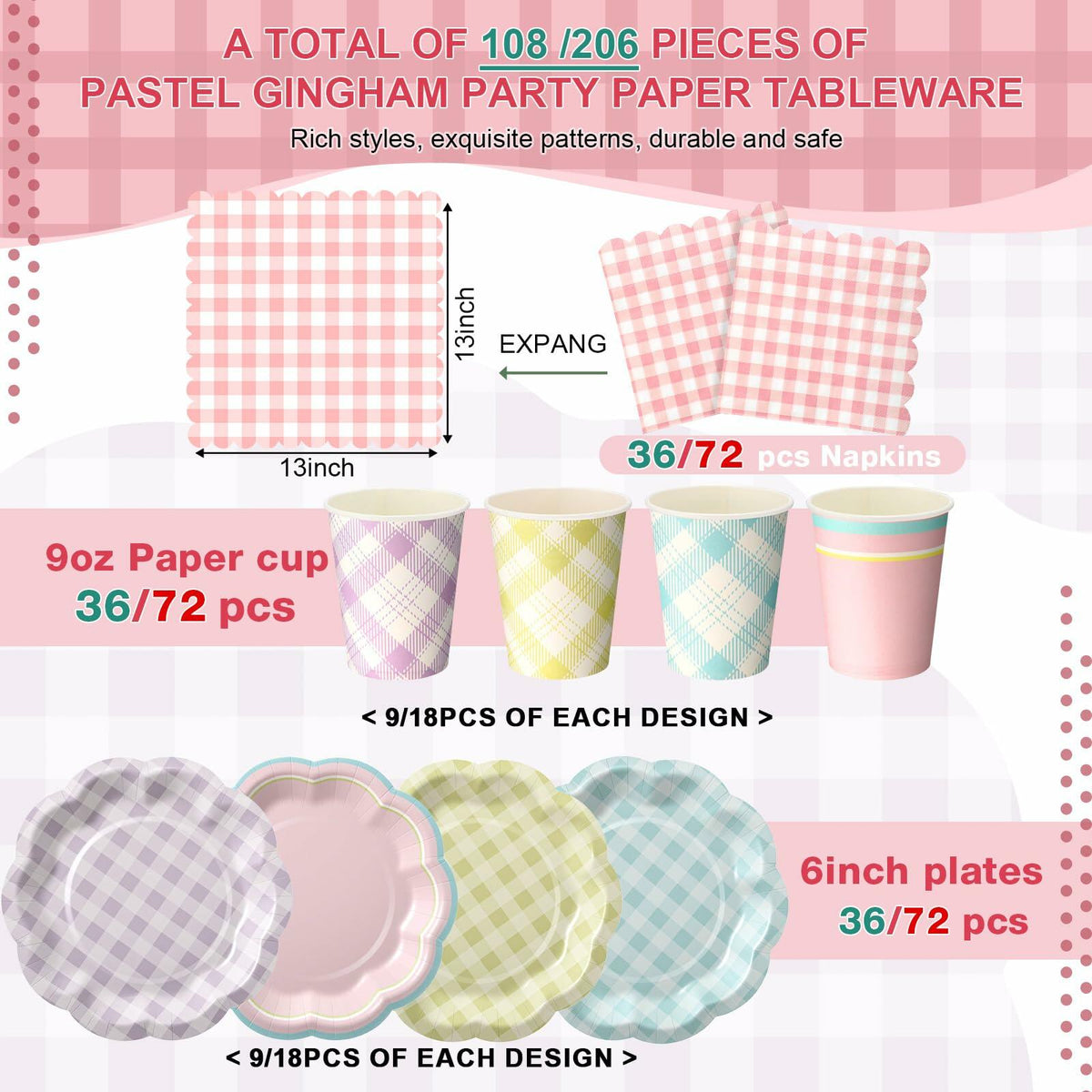 216 Pc Gingham Party Supplies Set Plates Cups Napkins Classic Color