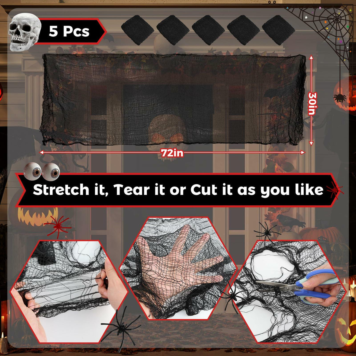 PinCute Halloween Decorations 5 Pack Creepy Cloth 30x72in Black Spider Web
