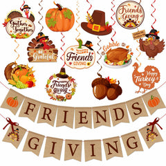 Friendsgiving Party Decorations Banner Hanging Swirls Turkey Pumpkin Maple