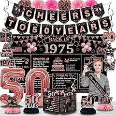 Juesly 50th Birthday Decorations 24PCS Rose Gold Banner Balloons Honeycomb