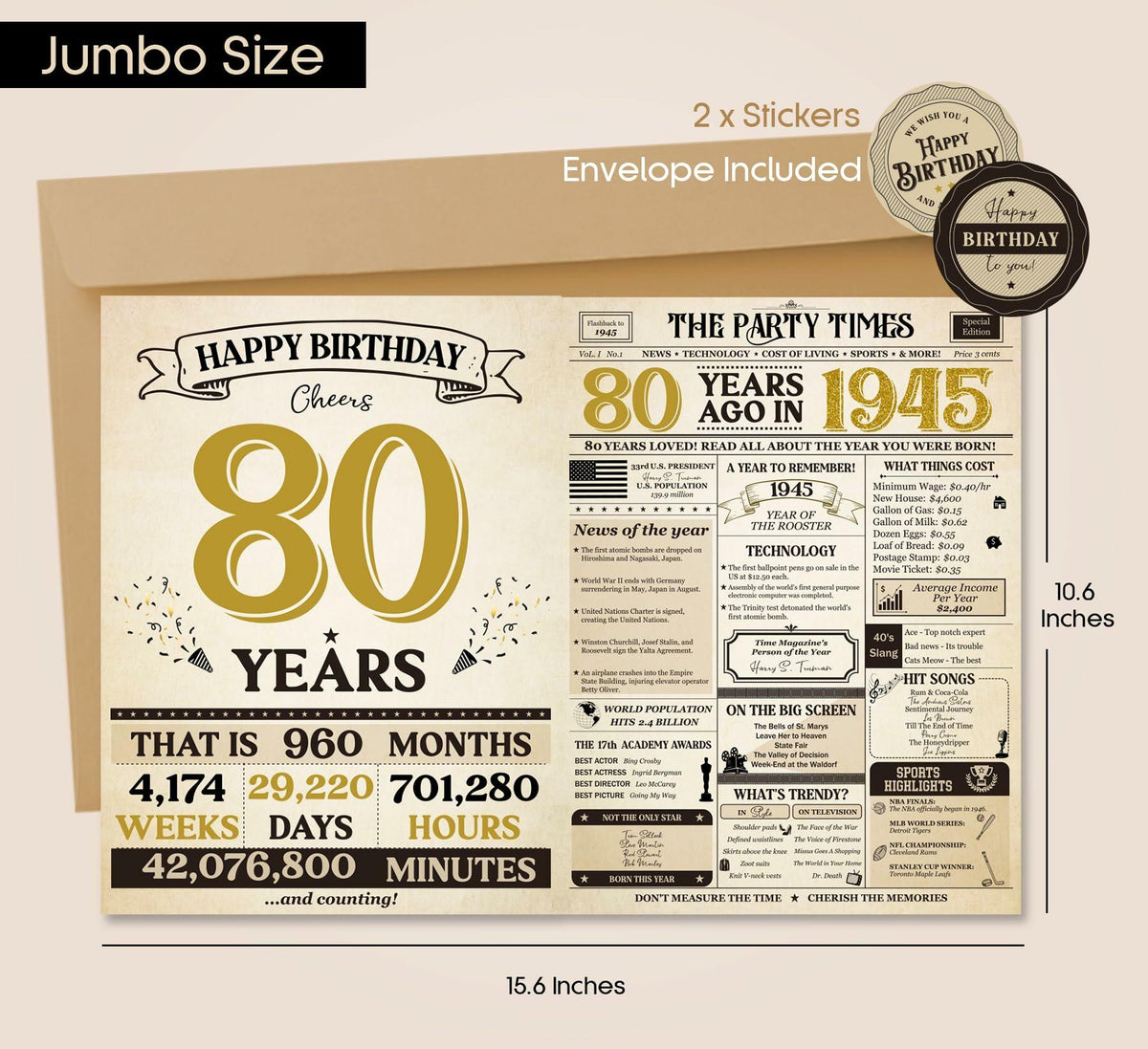 Vintage Happy 80th Birthday Card Decorations Gifts for Men Women Grandpa Grandma