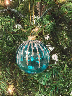 Turquoise and Gold Striped Ball Glass Christmas Ornament F07M7-11-LH76-2319