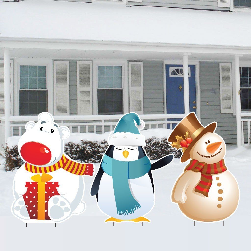 Polar Bear, Penguin and Snowman Christmas Lawn Decorations | 6 Short Stakes Included