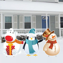 Polar Bear, Penguin and Snowman Christmas Lawn Decorations | 6 Short Stakes Included