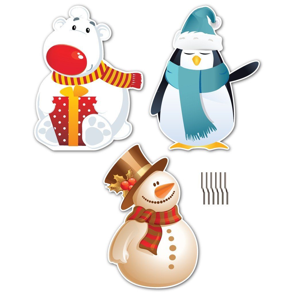 Polar Bear, Penguin and Snowman Christmas Lawn Decorations | 6 Short Stakes Included
