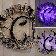 LED Black Bat and Cat Halloween Wreath
