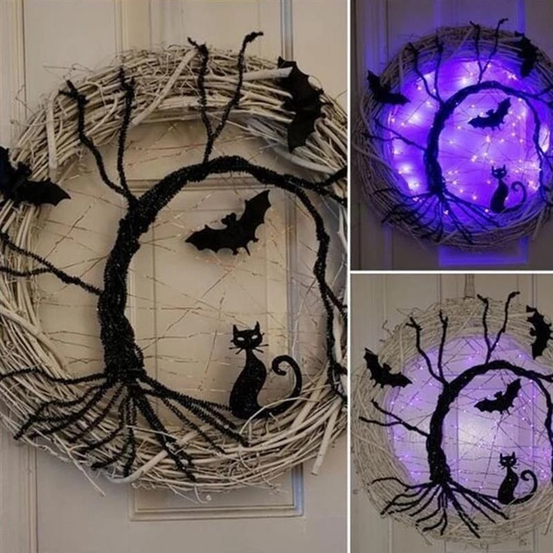 LED Black Bat and Cat Halloween Wreath