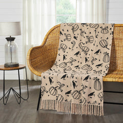 Midnight Harvest Pumpkin & Raven Woven Throw Blanket – 50" x 60" Cozy Fall Accent