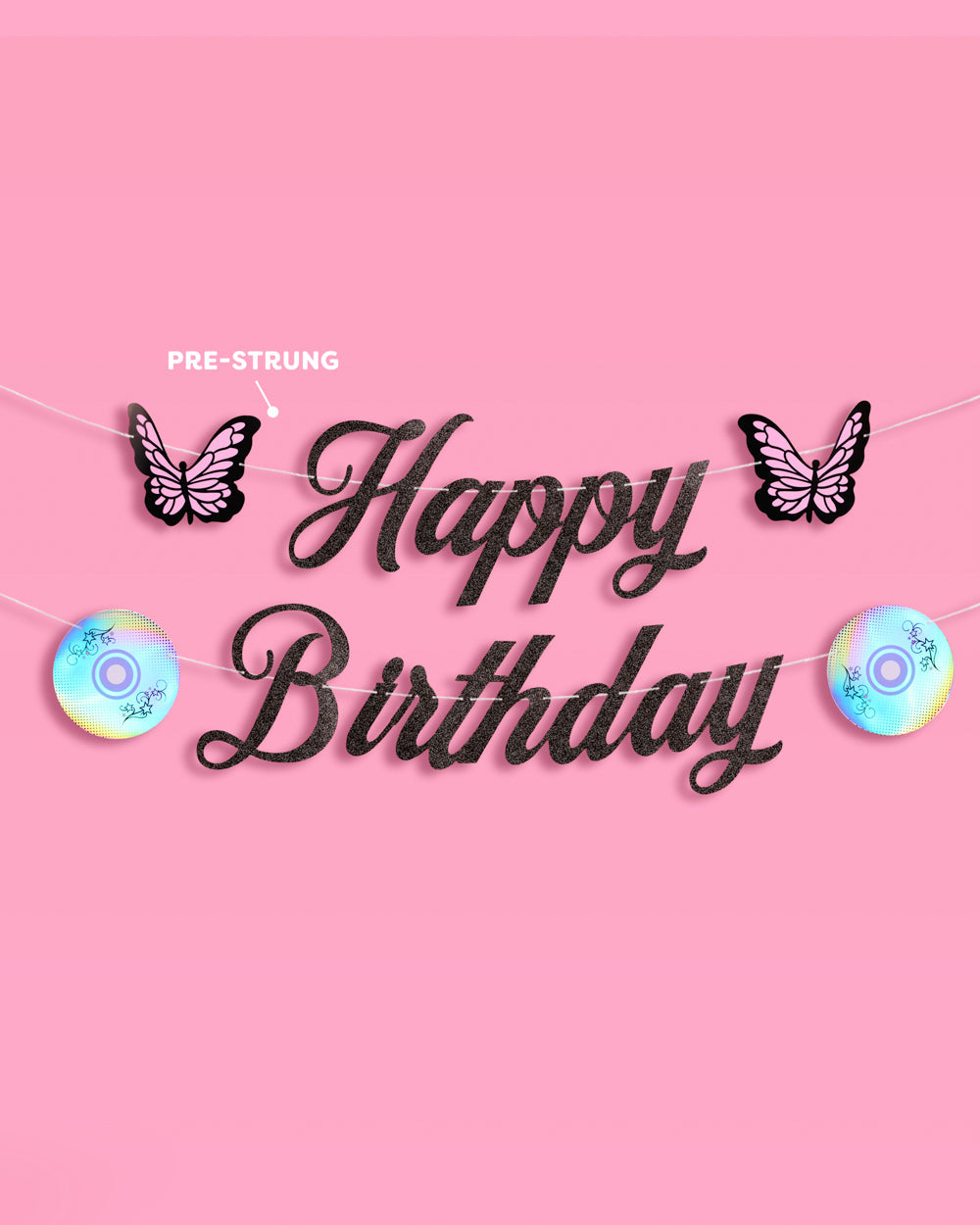 Y2K Birthday Banner - black glitter banner