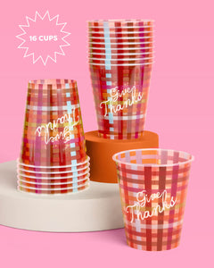 Give Thanks Plaid Cups - 16 plastic cups