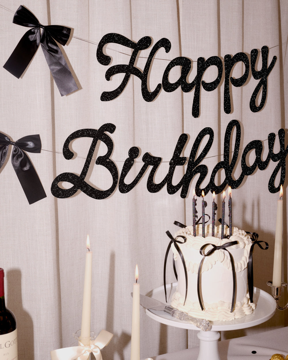 Little Black Bow Banner - black glitter banner
