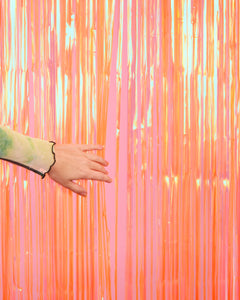 Orange Fringe Curtain Backdrop - iridescent foil banner