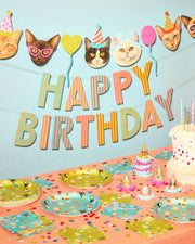 Cat Bday Bundle - banner, napkins, plates + party hats