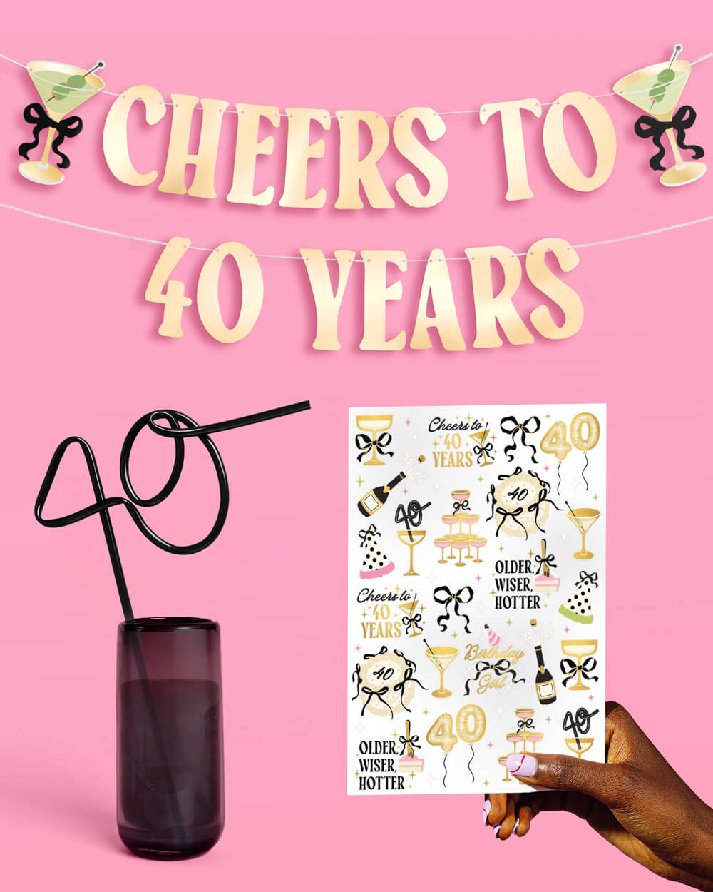 40th Bday Bundle - tats, banner, + straw