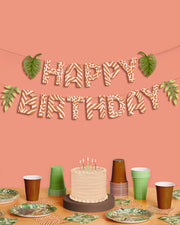 Safari Birthday Banner - animal print + leaf icons