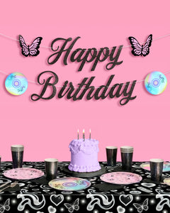 Y2K Birthday Banner - black glitter banner
