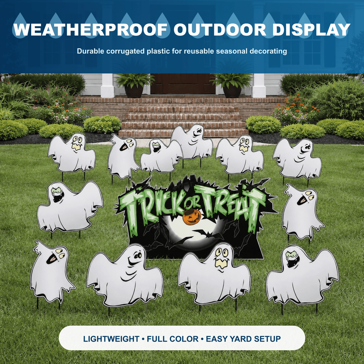 Trick-or-Treat Ghosts Halloween Lawn Decoration Set of 12 – Outdoor Yard Signs with Stakes