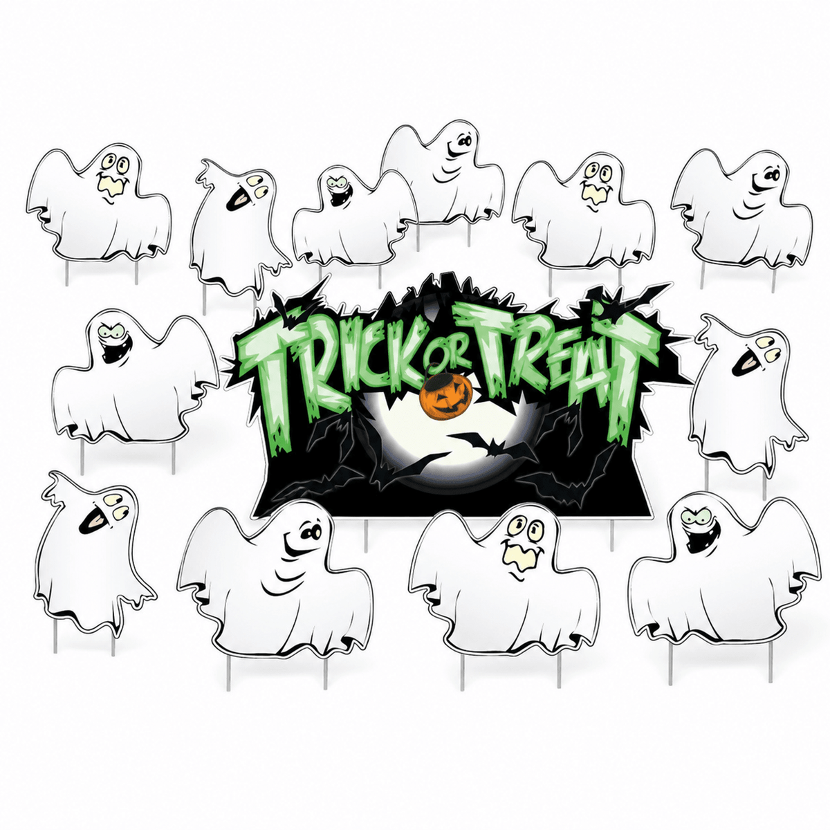 Trick-or-Treat Ghosts Halloween Lawn Decoration Set of 12 – Outdoor Yard Signs with Stakes