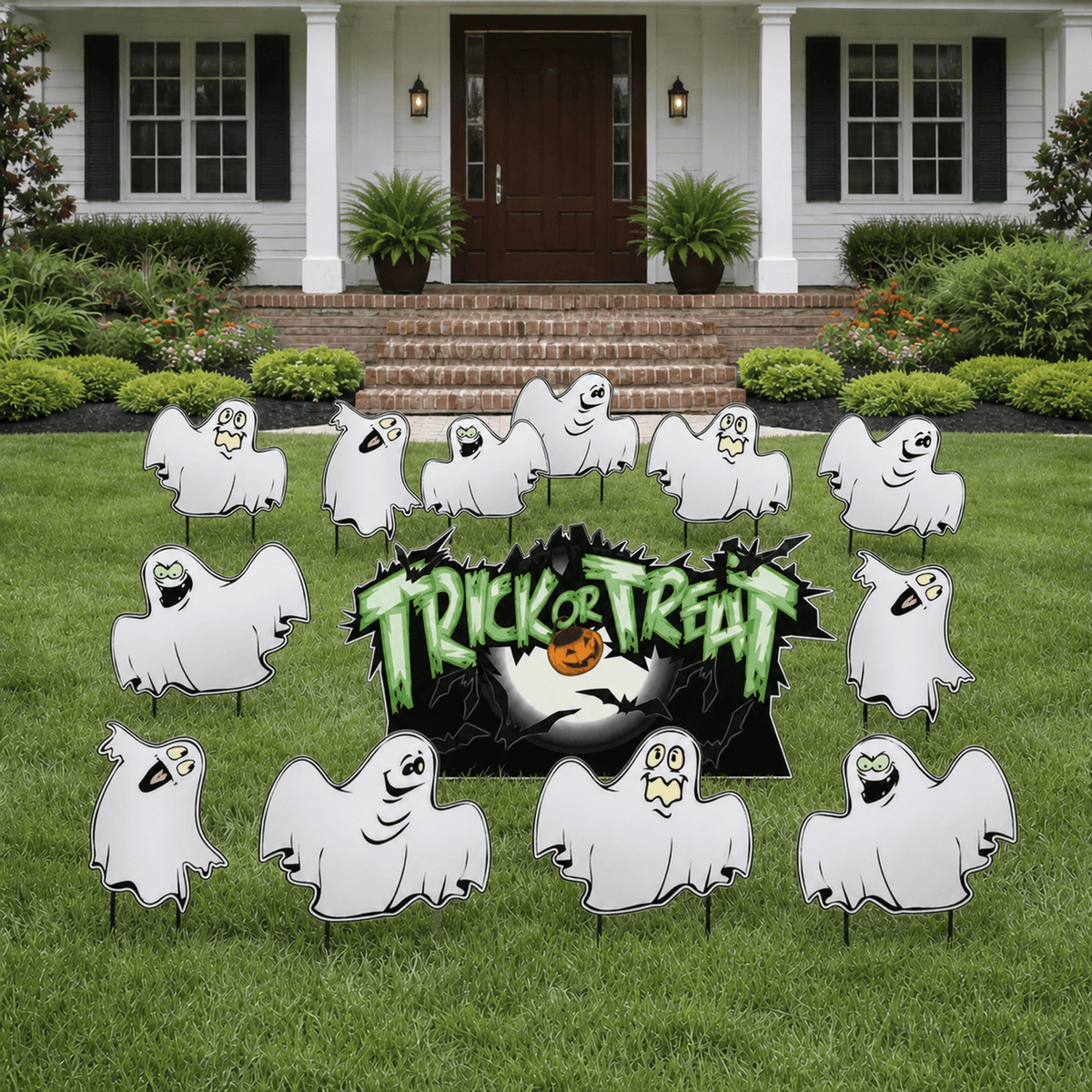 Trick-or-Treat Ghosts Halloween Lawn Decoration Set of 12 – Outdoor Yard Signs with Stakes