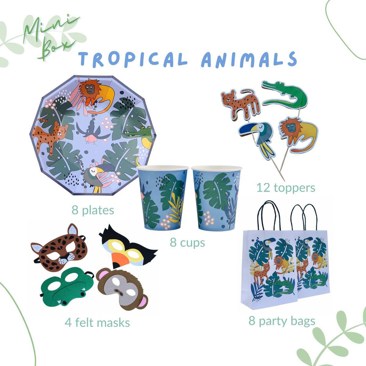 Tropical Animals Birthday Party Supplies Kit – Jungle Safari | Plates, Cups, Napkins | Party in a Box