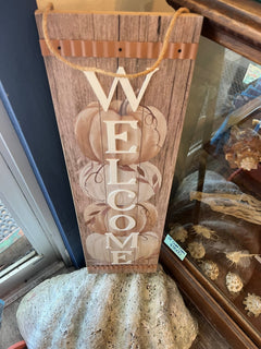 Rustic Welcome Pumpkin Sign - Autumn Fall Porch Decor with 4 Natural Pumpkins
