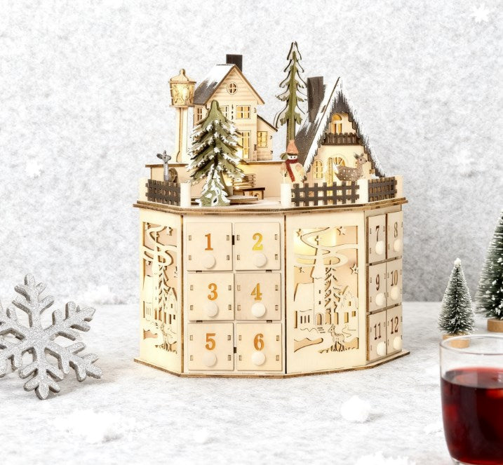 Wooden Christmas Advent Calendar with Village Scene and 24 Drawers, Natural