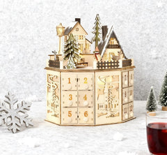 Wooden Christmas Advent Calendar with Village Scene and 24 Drawers, Natural