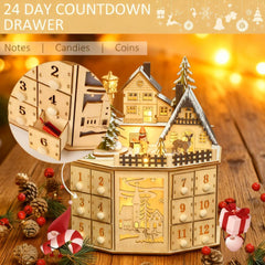 Wooden Christmas Advent Calendar with Village Scene and 24 Drawers, Natural